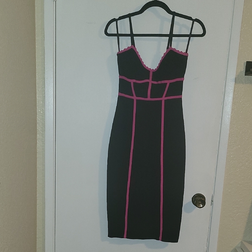 BCBGMaxAzria Black and Pink Bodycon Midi Cocktail Dress, Sz S